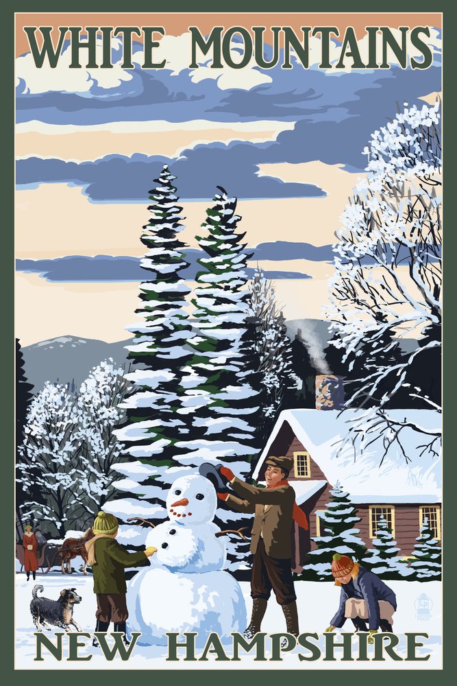 White Mountains New Hampshire Snowman & Cabin 48091 - Signed 24x36 Art Print Poster - Winter Cabin Wall Decor for Living Room, Bedroom & Office