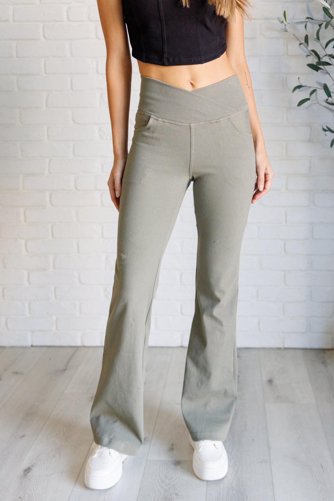 Stylish Dusty Olive Twill Flared Crossover Waist Pants for Women - Perfect for Office Wear, Casual Outings & Travel