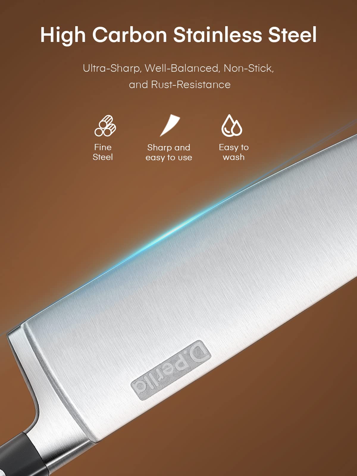 D.Perlla 6-Piece German Stainless Steel Kitchen Knife Set with Wooden Block - Razor Sharp Chef Knives for Slicing, Dicing & Food Prep - Perfect for Home Cooking & Professional Kitchens