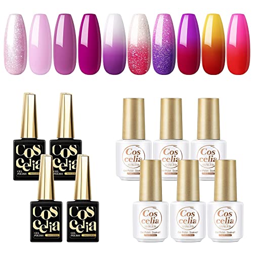 10 Colors Gel Nail Polish Set - 4Pcs Purple & 6Pcs Color Changing UV LED Soak Off Nail Polish Kit for Summer Manicure DIY | Perfect for Home Salon, Nail Art, Party & Gift Giving