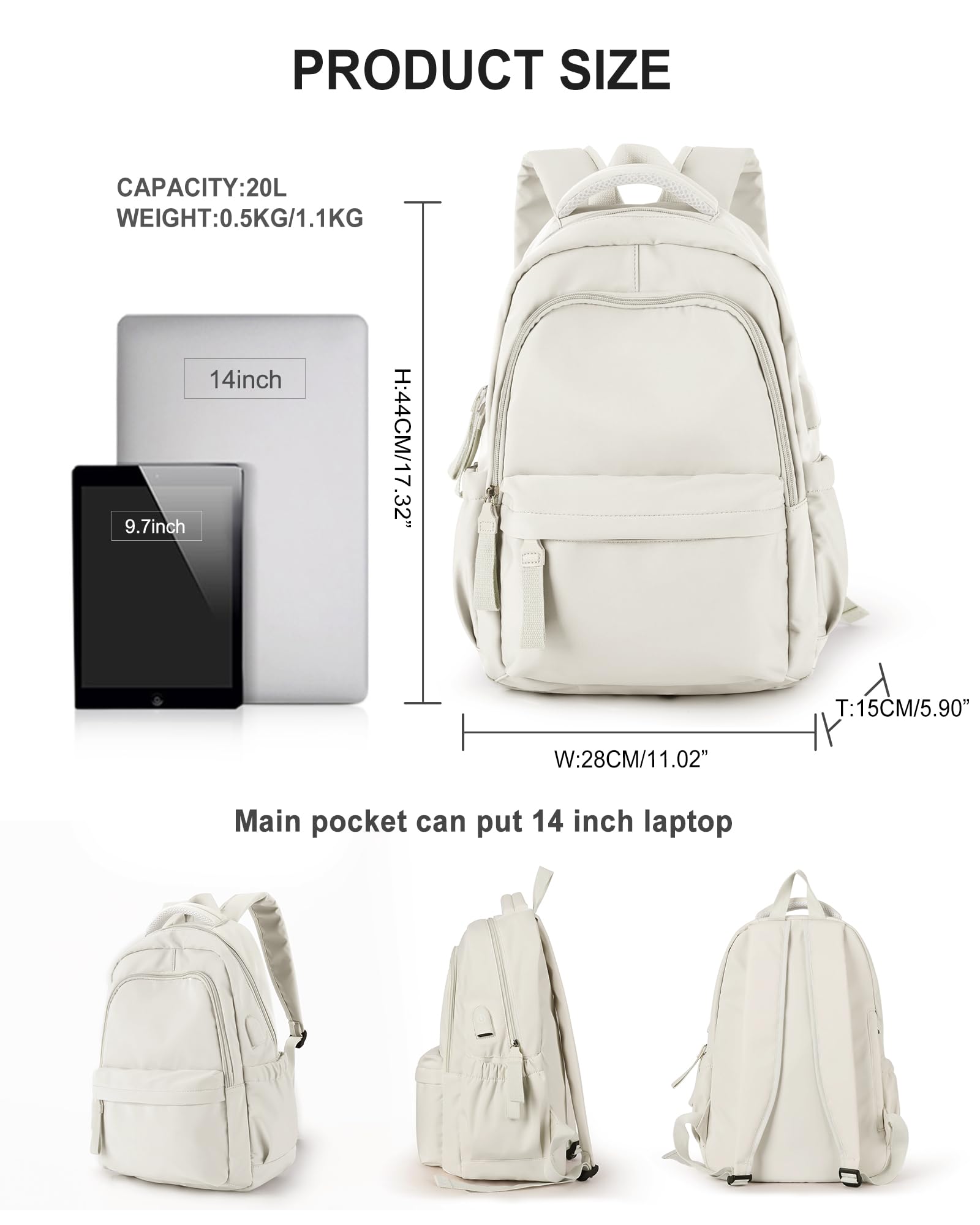 Winspansy Small Aesthetic Backpack for School & Travel - Lightweight Daypack for Women, Men, College & High School Students - Fits 14 Inch Laptop with USB Charging Port - Beige | Perfect for Daily Commute, Campus Life & Weekend Getaways