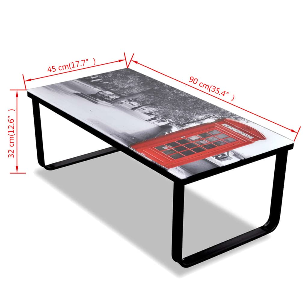 Modern Square Coffee Table with Telephone Booth Print Glass Top - Stylish Living Room & Bedroom Side Table, Center Table for Home Decor | Perfect for Small Spaces, Apartments & Cozy Living Rooms
