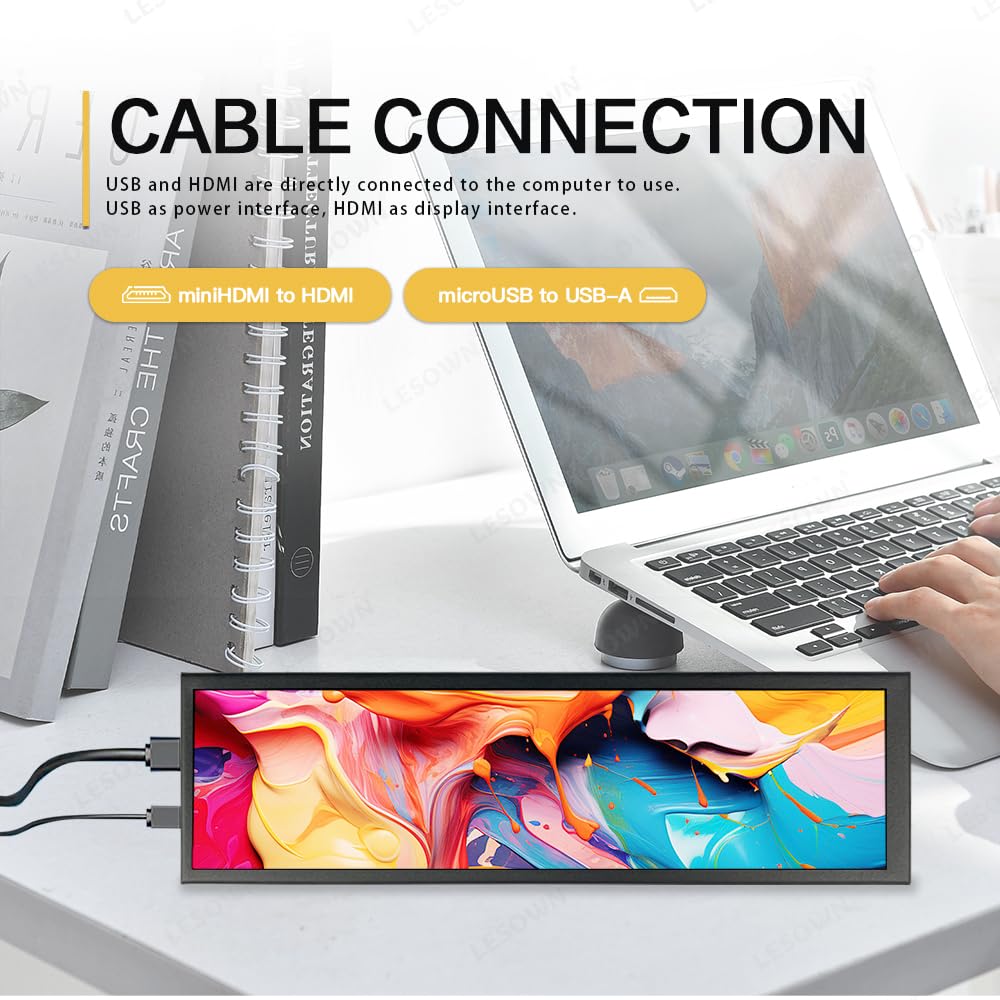 8.8 Inch Mini Ultra Wide Monitor - 1920x480 PC Case Temperature Display with AIDA64 Support | Stretched Bar Screen for CPU, RPi & PC Sensor Monitoring | Perfect for Gaming Rigs, Workstations & DIY PC Builds