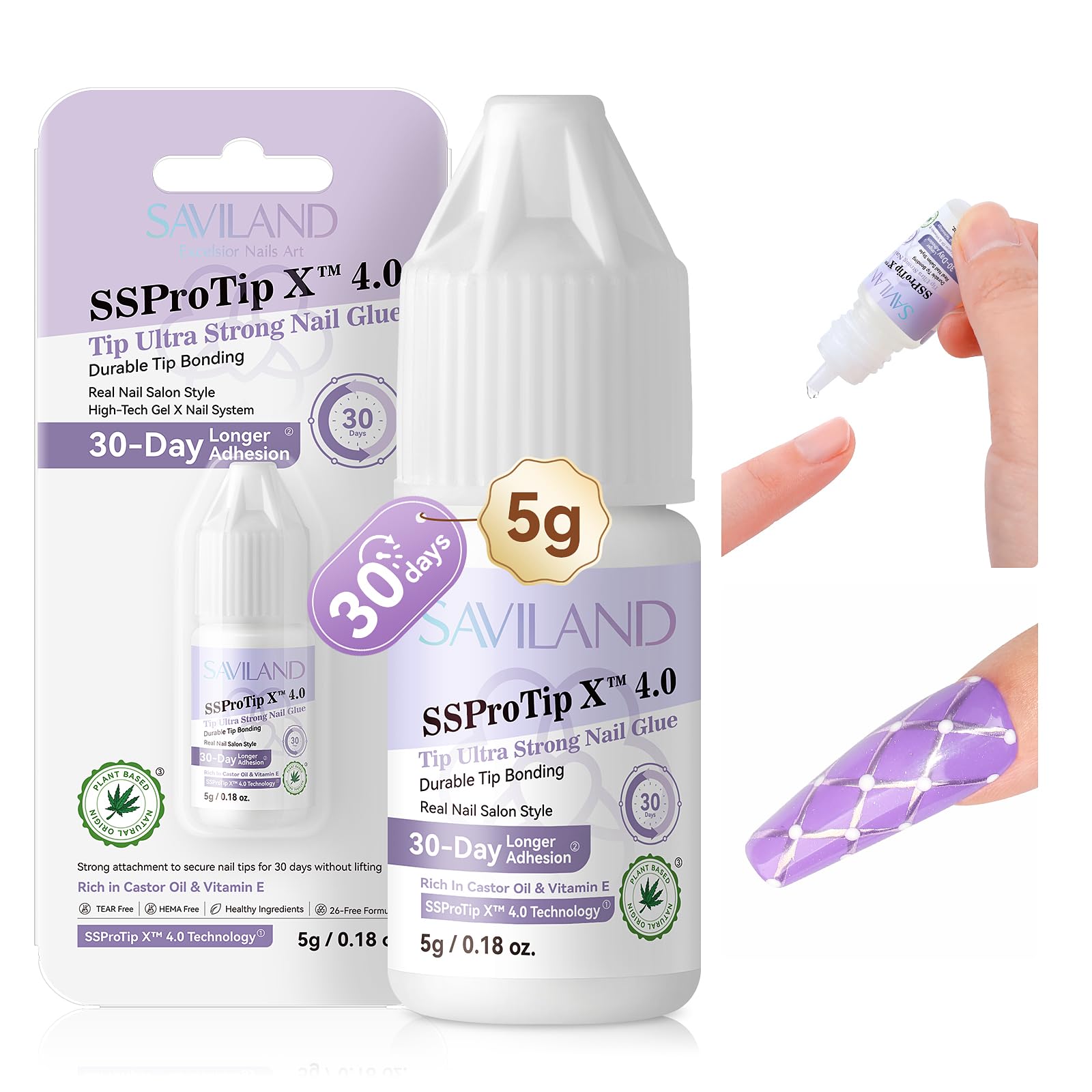 SAVILAND Extra Strength Nail Glue for Acrylic & Press On Nails - 5g Long Lasting Nail Adhesive with Castor Oil & Vitamin E - Strong Hold Fake Nail Tips Glue - Perfect for Salon, Home Manicures & Nail Extensions