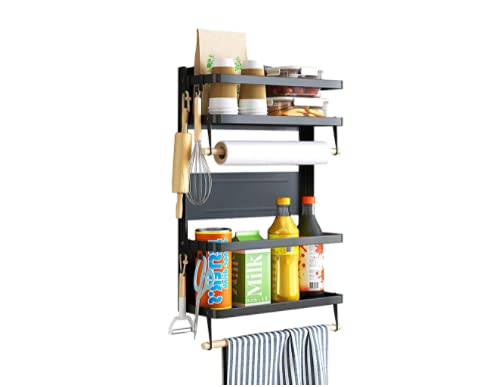 NC Magnetic Spice Rack for Refrigerator - 4-Tier Magnetic Shelves & 2 Roll Racks with Detachable Hooks | Space-Saving Organizer for Kitchen, Pantry, Laundry & Bathroom | Perfect for Small Spaces & Home Organization