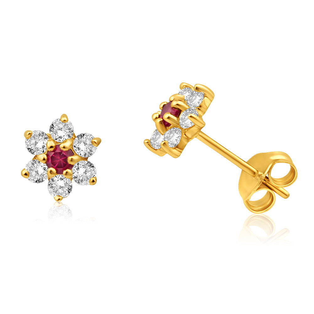 9ct Yellow Gold Created Ruby & Cubic Zirconia Stud Earrings for Women - Elegant Gift for Birthday, Anniversary & Special Occasions