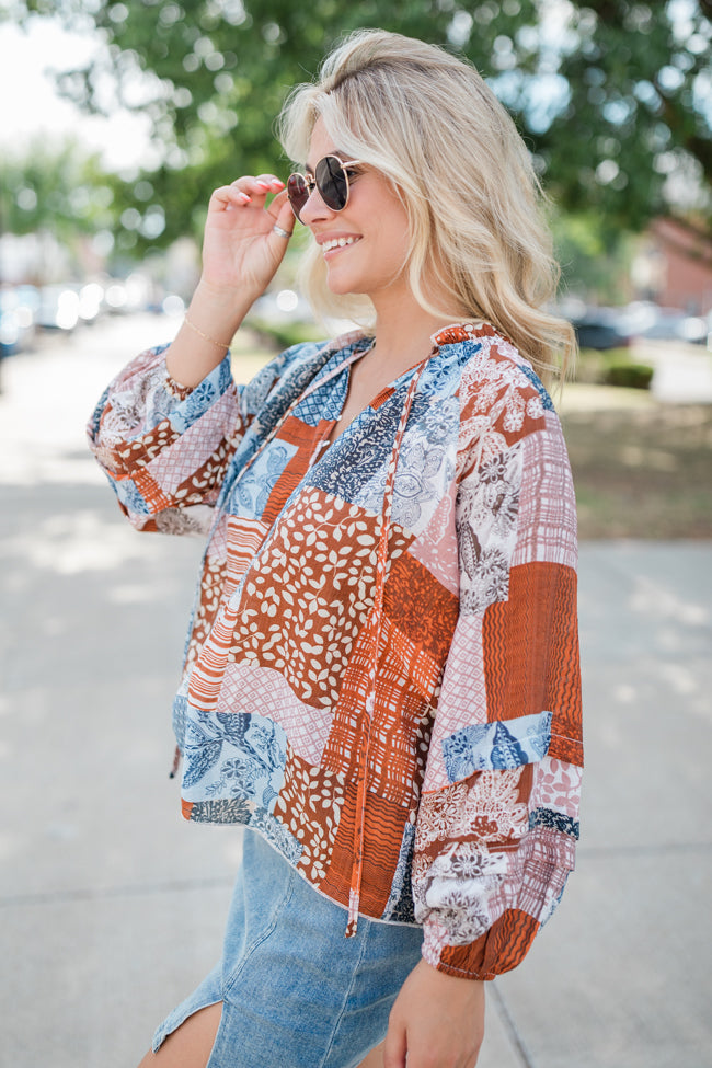 Outlook On Life Brown Multi Patchwork Printed Blouse - Women's Boho Chic Tunic Top for Casual Wear & Office Outfits