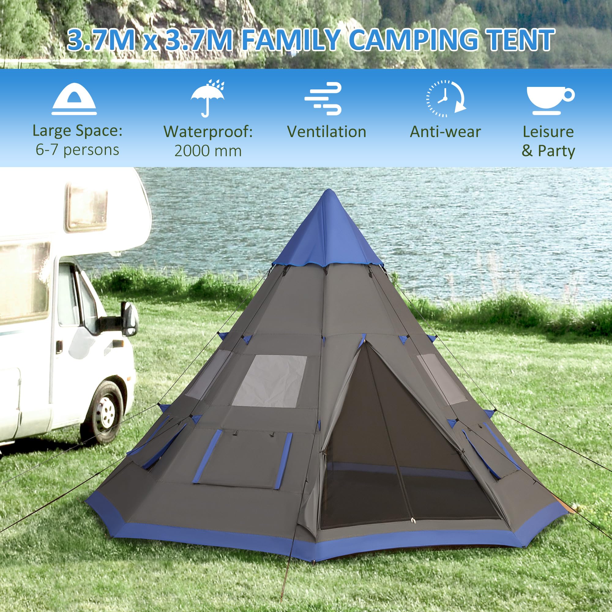 Outsunny 12Ft 4-Season Camping Tent for 6-7 People, Waterproof Teepee Tent with 8 Mesh Windows, Perfect for Family & Friends Outdoor Adventures, Hiking, Backpacking, and Beach Camping