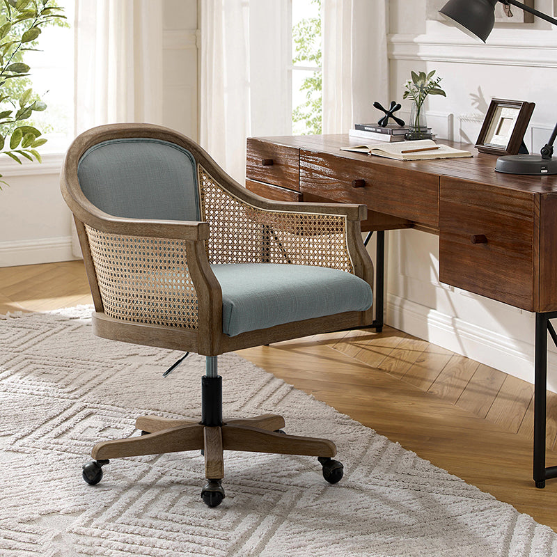 Audrey Task Accent Chair with Rattan Arms - Modern Home Office Chair for Small Spaces, Comfortable Writing Desk Chair with Woven Rattan Backrest - Perfect for Study Rooms, Living Rooms & Cozy Corners