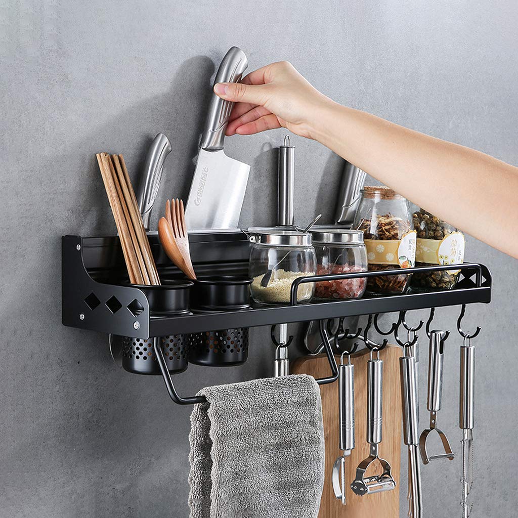 Multifunctional Wall Mounted Kitchen Organizer - Pot Lid Rack, Utensil Holder with 10 Hooks & Bottle Storage, Matte Black - Perfect for Small Kitchens, Apartment Cooking & Space Saving Solutions