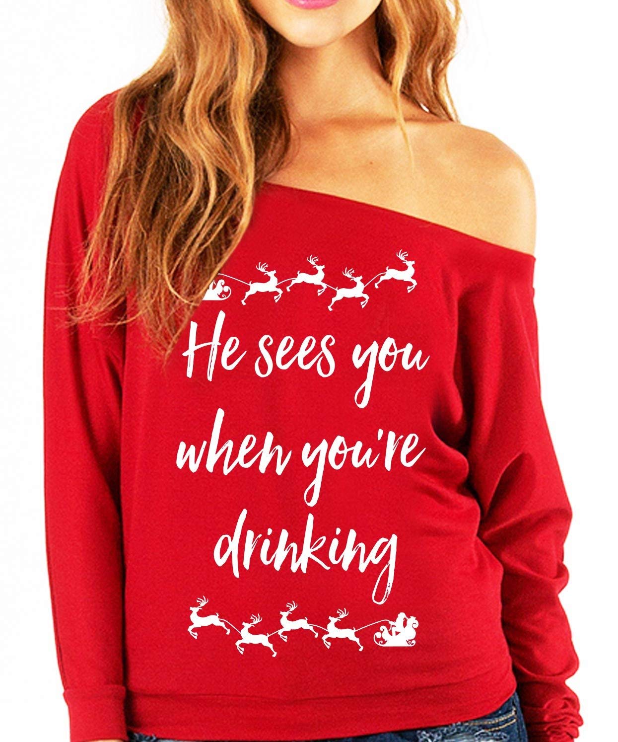 Funny Christmas Sweatshirt for Women - He Sees You When You're Drinking Holiday Pullover - Cozy Lounge Wear for Xmas Parties & Family Gatherings