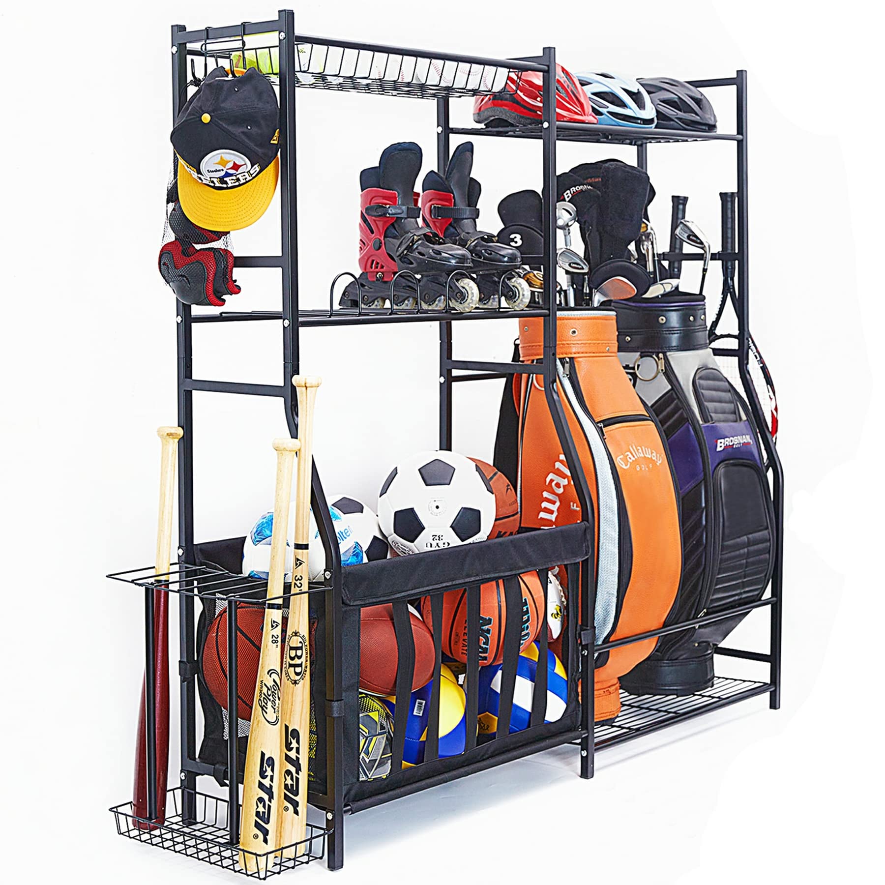 Garage Sports Equipment Organizer & Golf Bag Stand - Heavy Duty Ball Storage Rack for Indoor/Outdoor Use - Kids Toys Storage Bins with Baskets - Perfect for Garage, Basement, Backyard & Playroom Organization