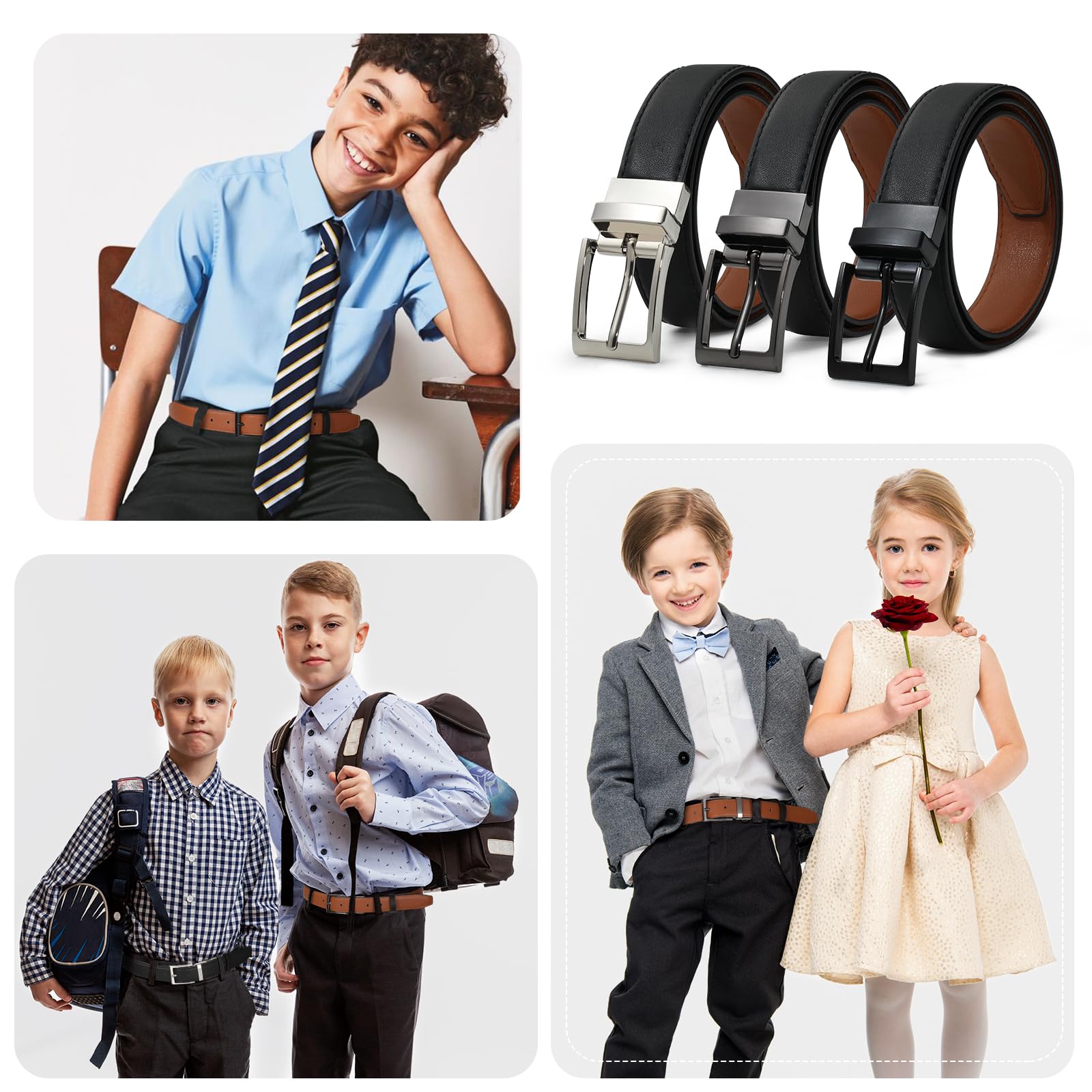 AWAYTR Reversible Kids Belts for Boys - Adjustable Black & Brown Leather Belt for School Uniform, Casual Jeans & Dress Pants | Perfect for School, Church & Everyday Wear