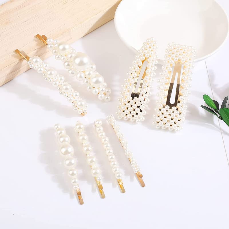 FAMEZA 8-Piece Pearl Hair Clips Set for Women & Girls - Elegant Handmade Hair Barrettes, Snap Clips & Hair Accessories - Perfect for Weddings, Parties & Everyday Wear (Pearl Hairpins Set)