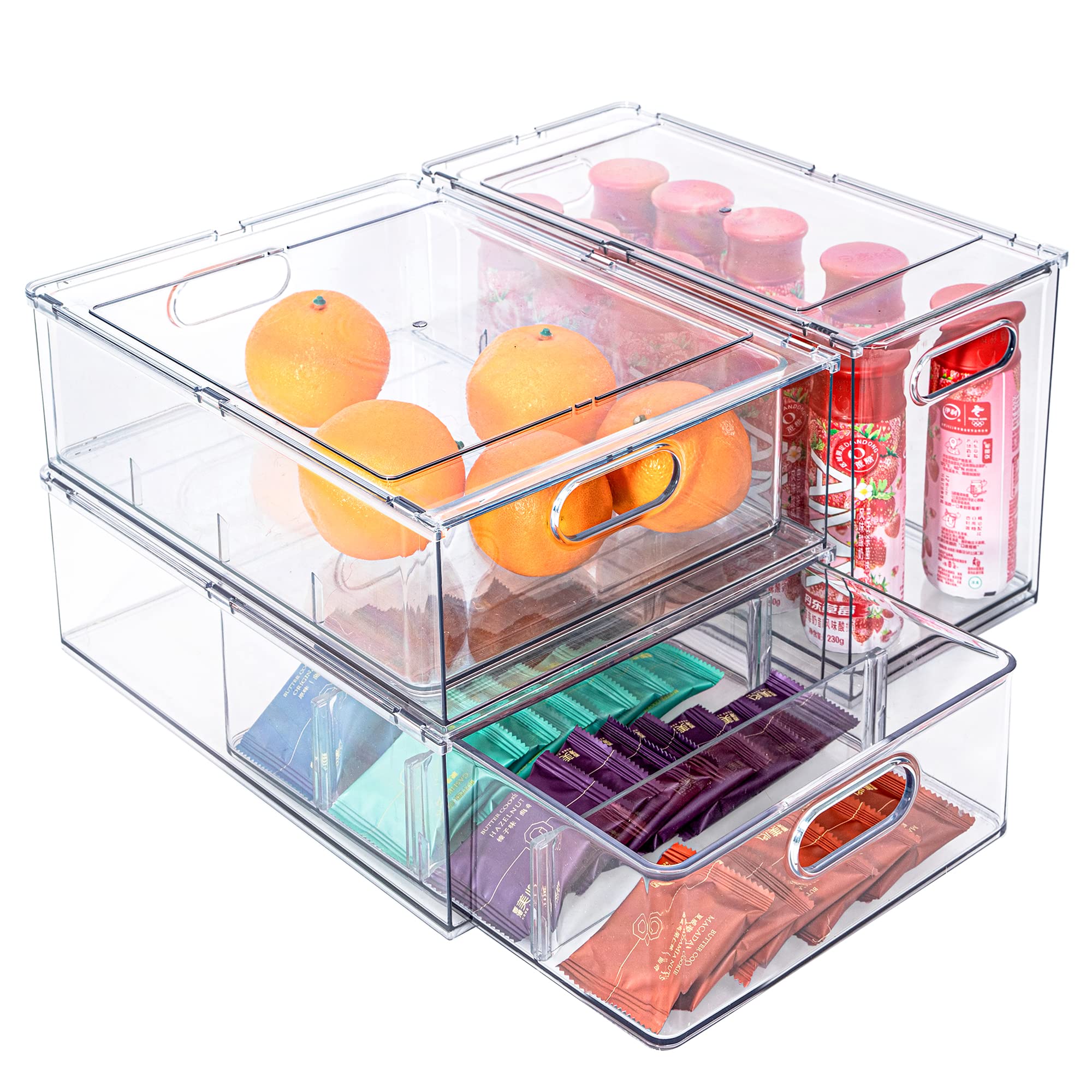 YouLike 3-Pack Clear Stackable Refrigerator Organizer Drawers - Plastic Pull-Out Bins for Pantry, Cabinet & Closet Storage (2 Large + XL) - Perfect for Kitchen, Bedroom & Home Office Organization