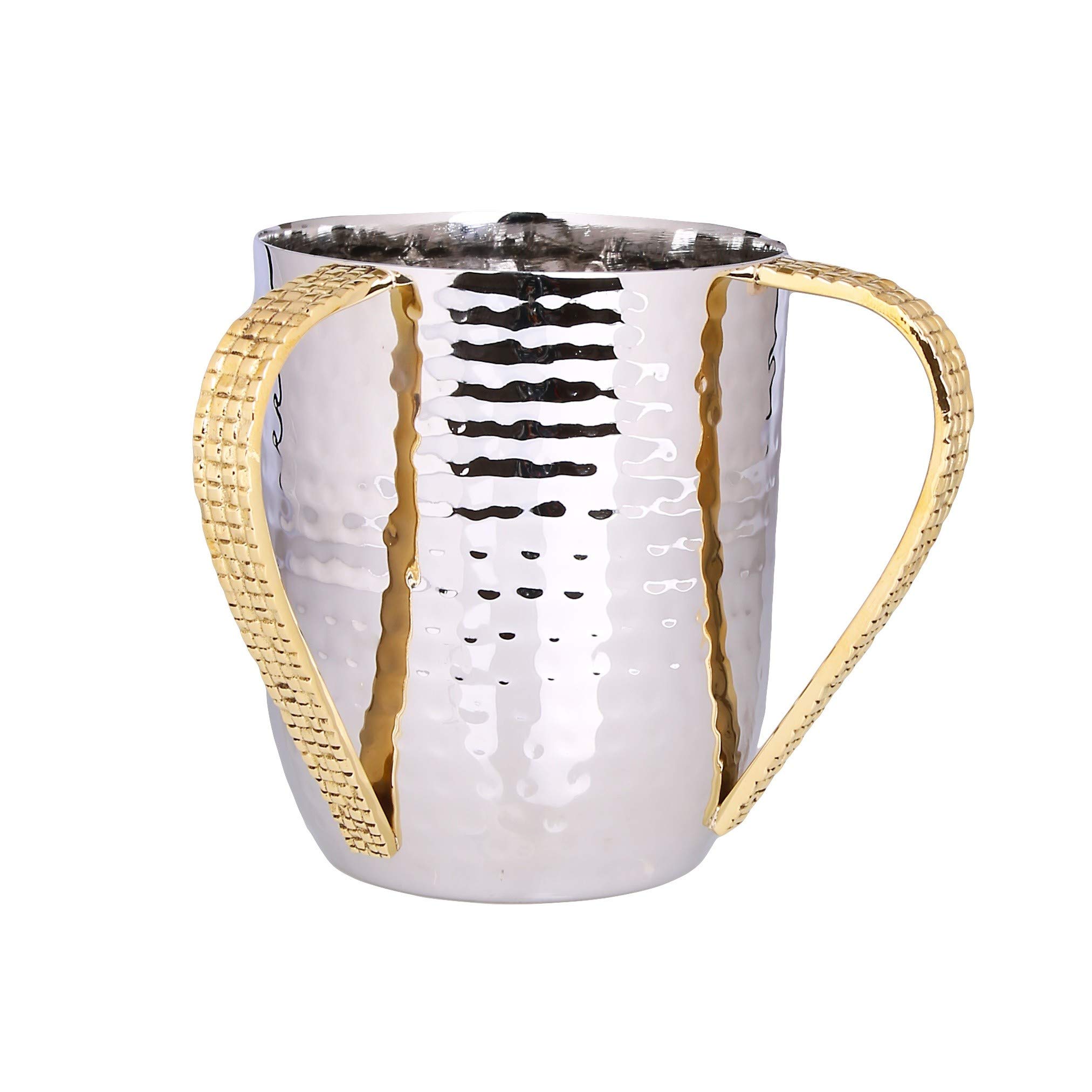 Stainless Steel Jewish Hand Washing Cup for Al Netilat Yadayim Ritual - Dual Handle Judaica with Gold Mosaic Design - Perfect for Shabbat, Passover & Jewish Ceremonies
