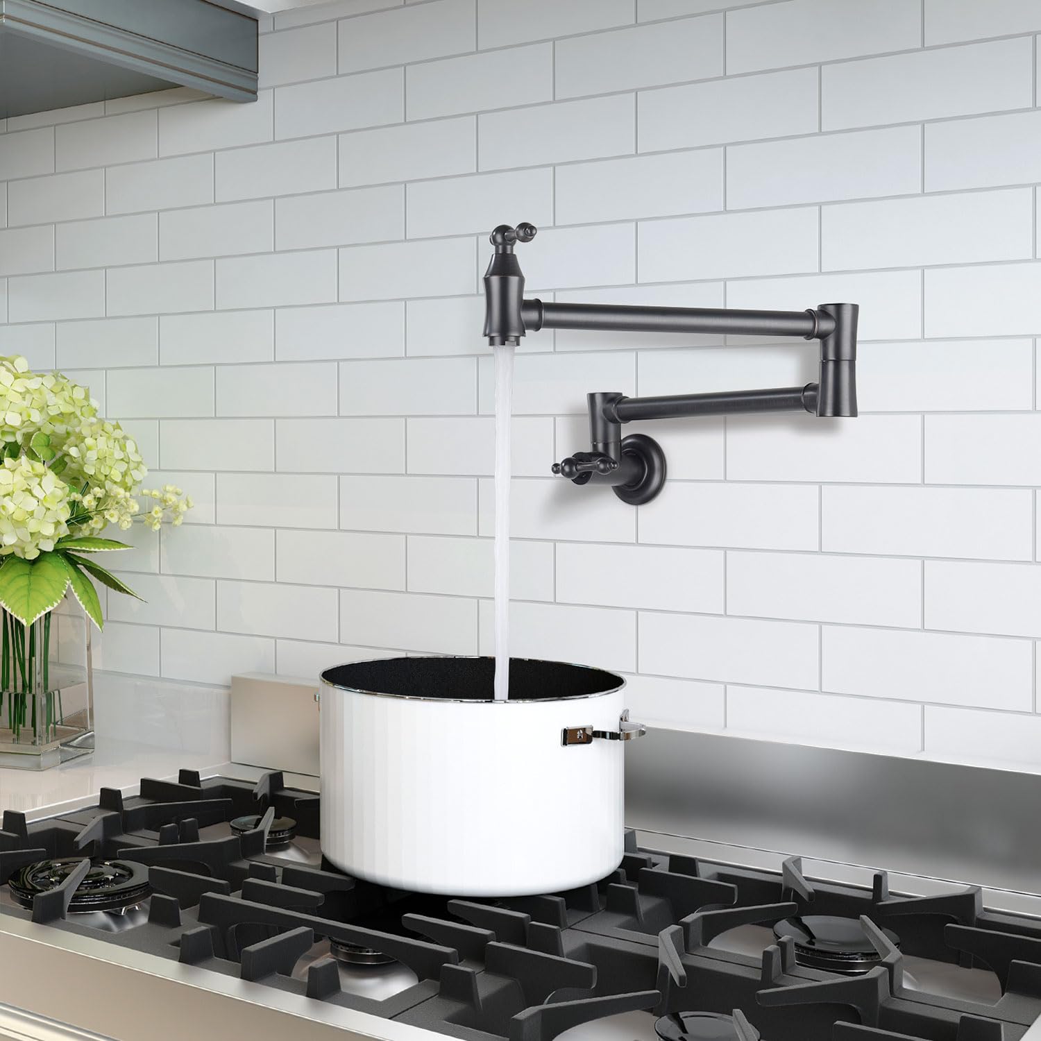 MONDAWE Matt Black Pot Filler Faucet - Wall Mounted Stove Faucet with 1.8 GPM Flow Rate & Double Joint Swing Arms - Lead-Free Brass Pasta Faucet for Kitchen - Perfect for Cooking, Pasta Making & Filling Large Pots Over Stove