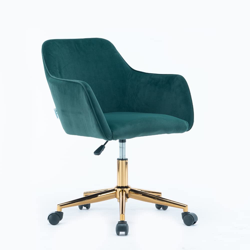 Modern Velvet Home Office Desk Chair with 360° Swivel Wheels & Adjustable Height - Gold Metal Legs Ergonomic Task Chair for Bedroom, Office & Living Room (Green) - Perfect for Remote Work, Gaming & Study