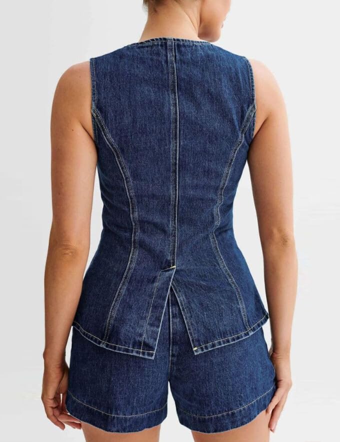 Stylish Women's 2-Piece Denim Set - Sleeveless Blazer Vest & Shorts Outfit | Business Casual & Summer Streetwear | Perfect for Office, Dating & Vacation