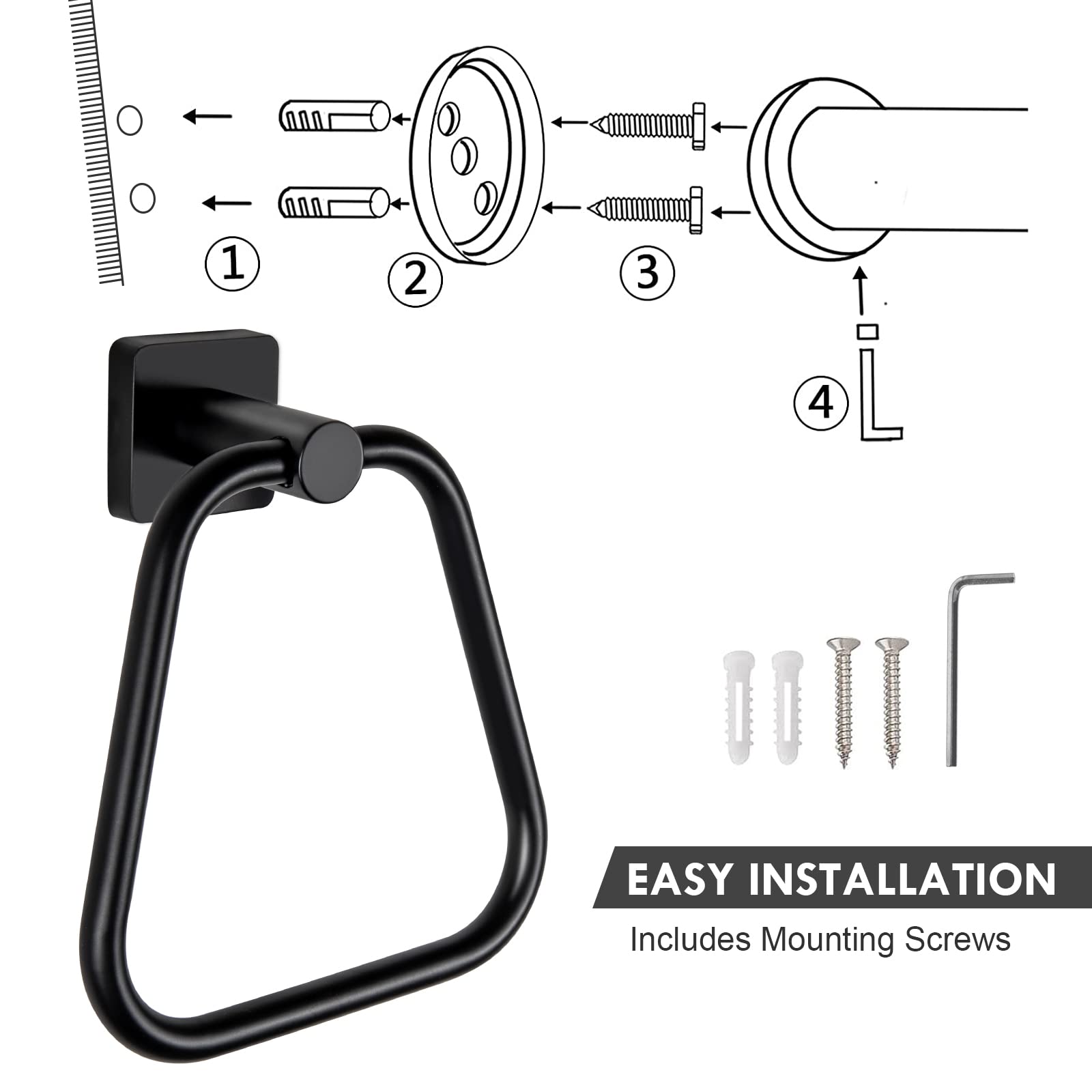 Matte Black Towel Ring - Stainless Steel Bathroom Holder for Hand Towels | Wall Mount Hanger for Bath Accessories