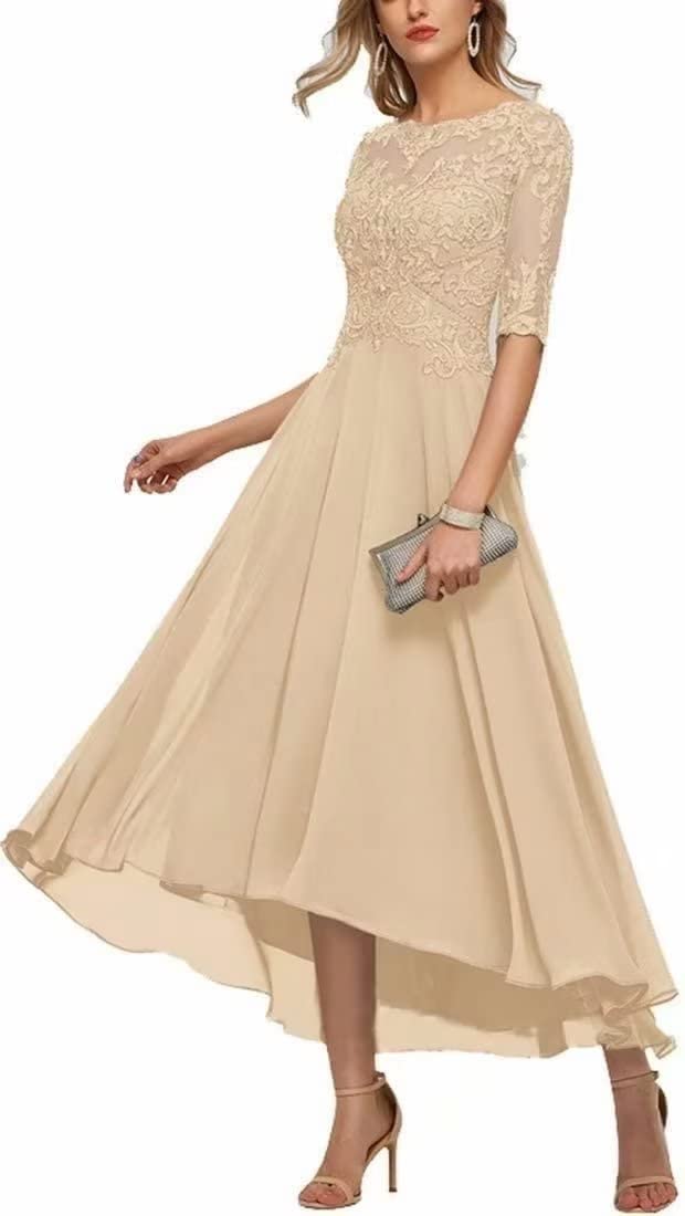 Elegant Women's High Low Chiffon Mother of The Bride Dress with Lace Applique - 1/2 Sleeves Evening Gown for Wedding, Party & Special Occasions