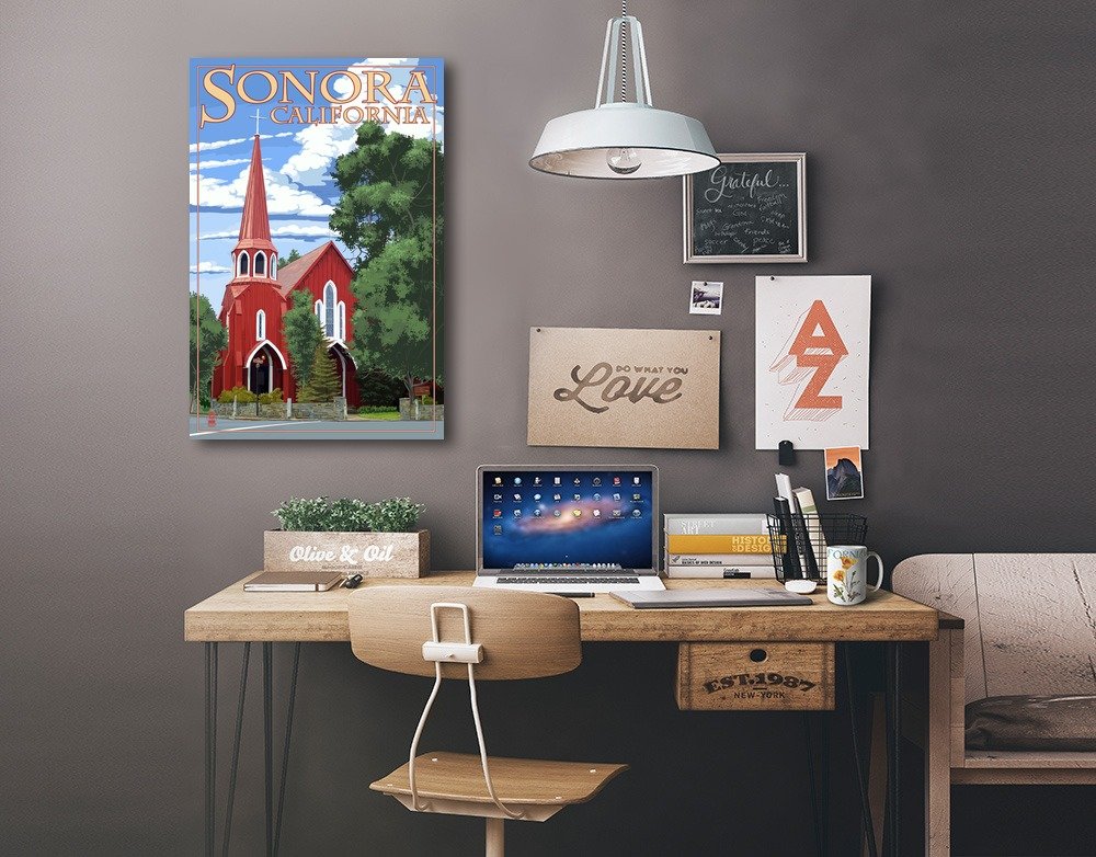 Lantern Press Sonora California Red Church Wall Art - 16x24 Wrapped Canvas Print - Rustic Church Decor for Living Room, Bedroom & Office