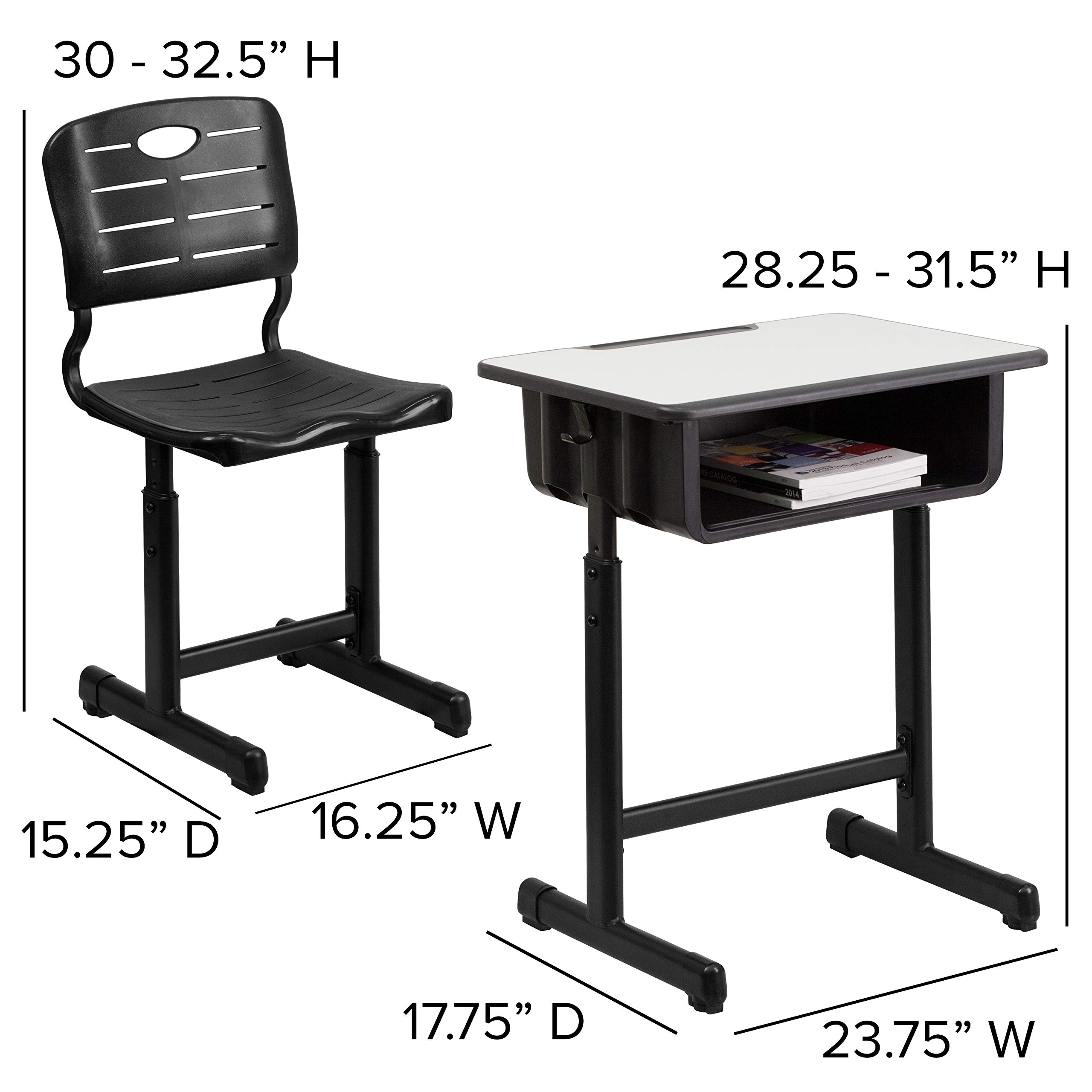 Adjustable Height Student Desk and Chair Set with Black Pedestal Frame - Ergonomic Study Table for Kids & Teens - Perfect for Home Schooling, Online Learning & Small Spaces