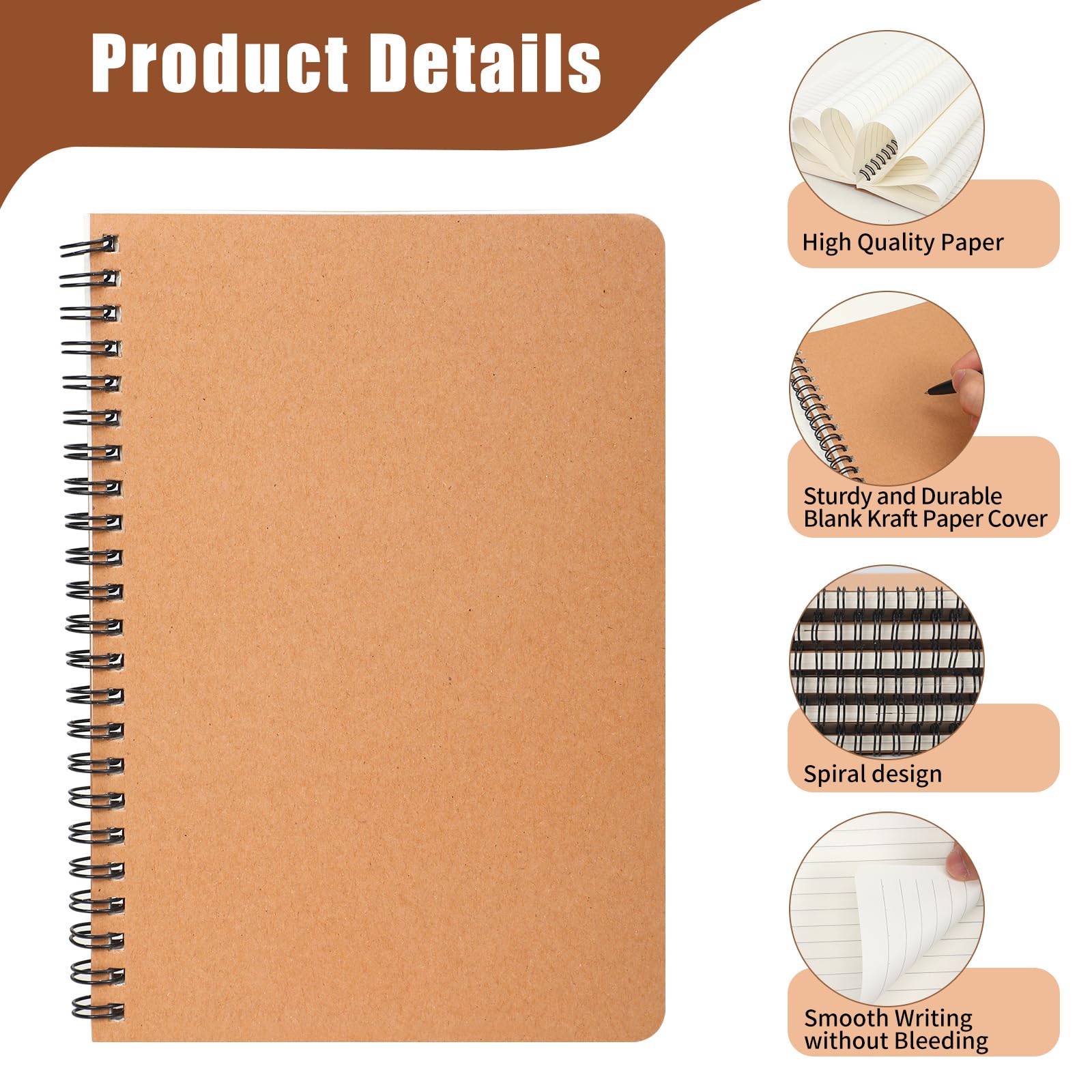 Miikoul 100-Pack A5 Spiral Notebooks - Kraft Paper Cover, 8.3