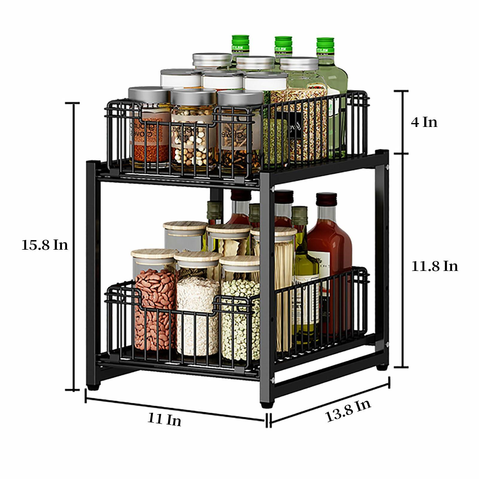 2-Tier Under Sink Pull Out Cabinet Organizer - Durable Metal Storage Shelf for Kitchen & Bathroom - Space Saving Drawer Organizer for Cleaning Supplies, Sponges & Soaps (1 Pack)