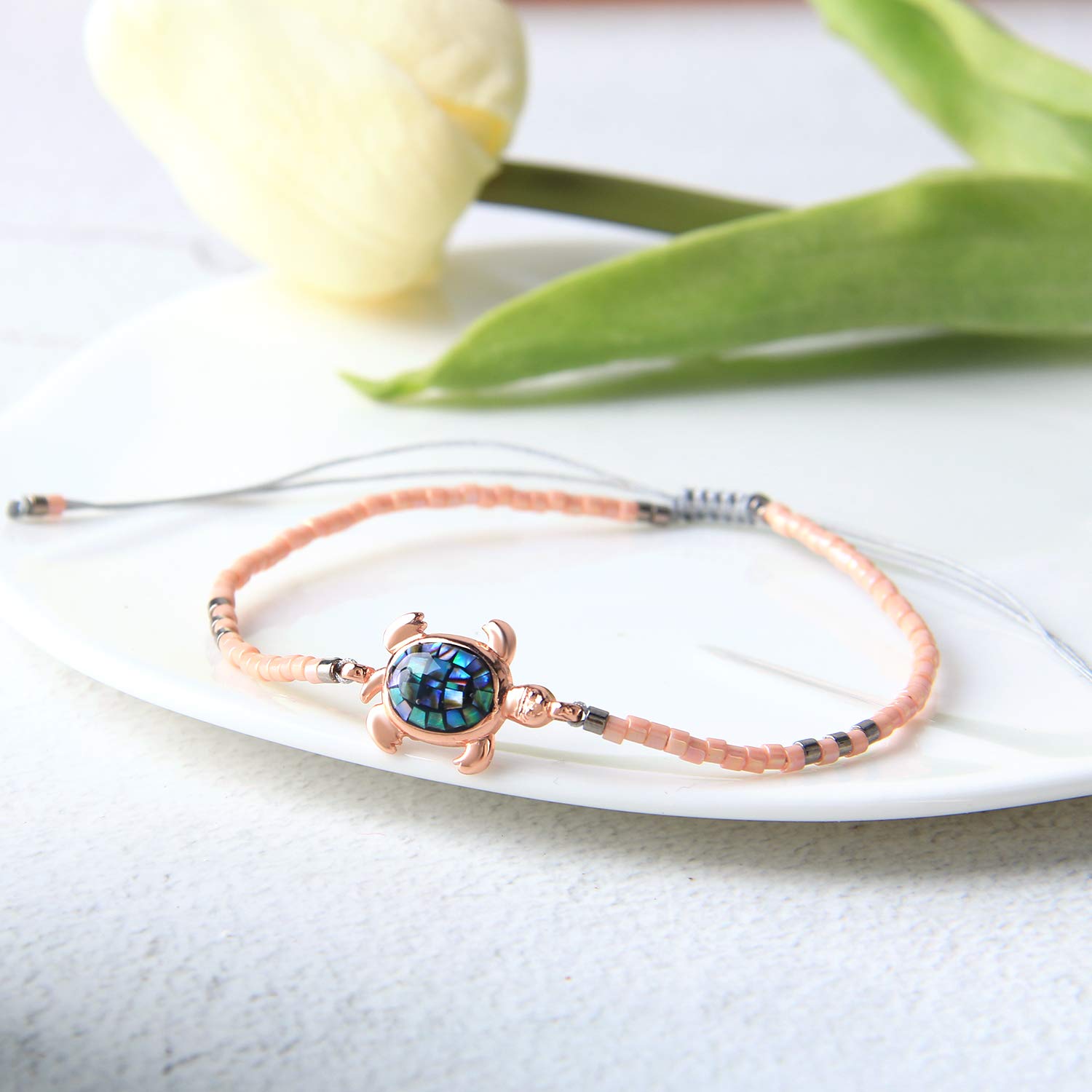 KELITCH Crystal Turtle Charm Bracelet - Miyuki Beaded Thin Strand Friendship Bracelet for Women - Adjustable Multi Color Jewelry Gift for Best Friends, Birthday, Anniversary & Everyday Wear