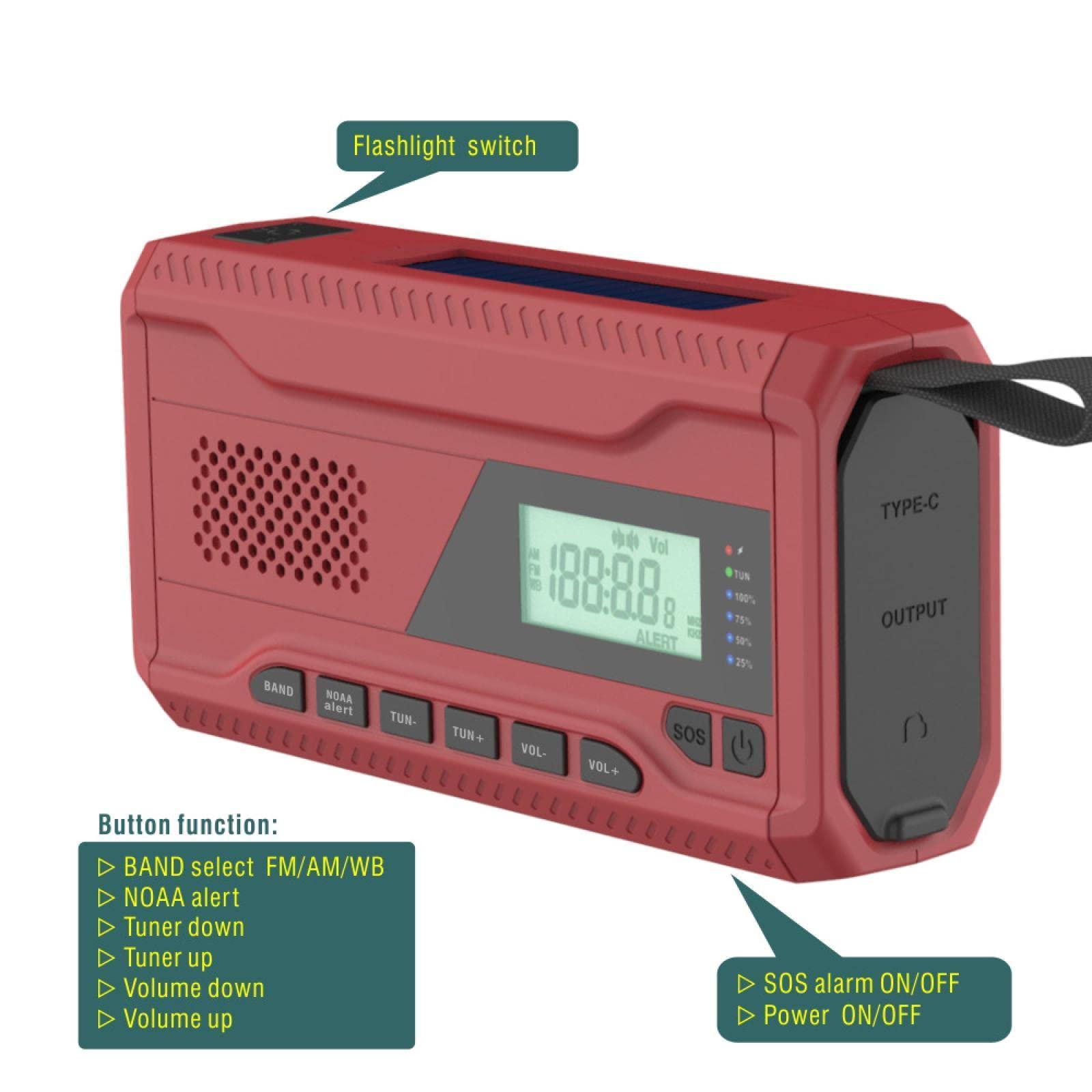 Portable Solar Hand Crank Emergency Radio - AM/FM/DAB Digital Radio with USB Rechargeable Battery, Flashlight & Weather Alert - Perfect for Outdoor Camping, Hiking & Emergency Preparedness (Red)