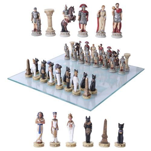 Pharaoh Egyptian Army vs Caesar Roman Empire Resin Chess Set with Glass Board - Unique Historical Battle Chess Pieces for Collectors & Game Lovers - Perfect for Home Decor, Gifts, and Strategy Game Nights