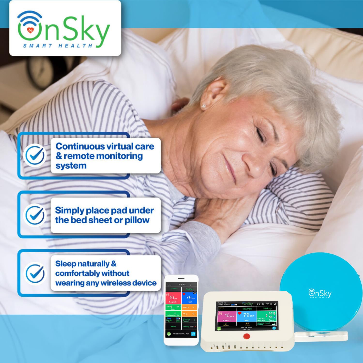 OnSky SkyPad Contactless Heart Rate & Breathing Monitor for Seniors & Home Care - Track Vital Signs, Movement & Sleep - Wireless Health Monitoring with Touchscreen Display & Urgency Alerts - Ideal for Elderly Care, Remote Patient Monitoring & Home Wellness