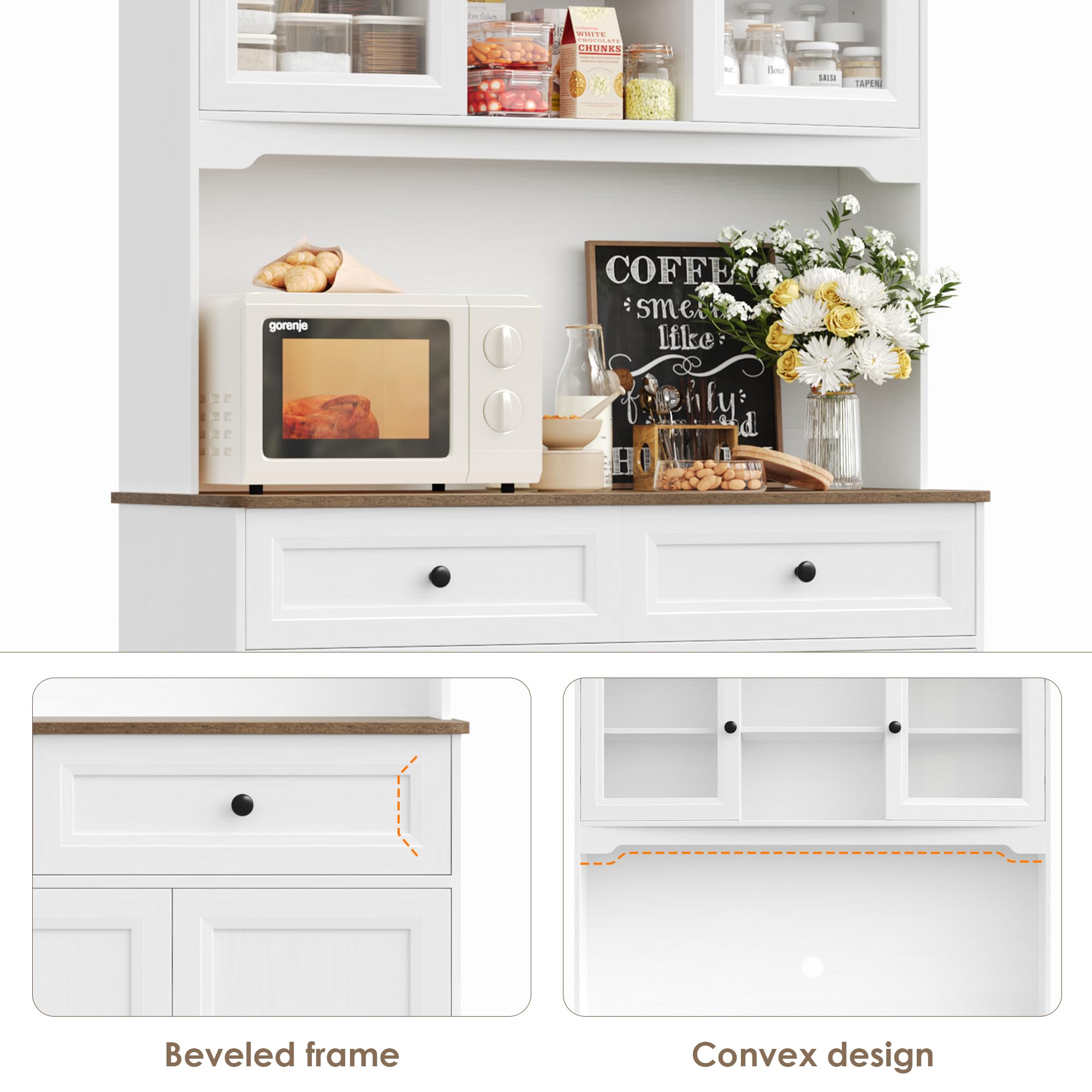 White Tall Kitchen Pantry Storage Cabinet with Adjustable Shelves - Microwave Stand & Countertop Hutch for Food Storage - Perfect for Small Kitchens, Apartments & Pantry Organization