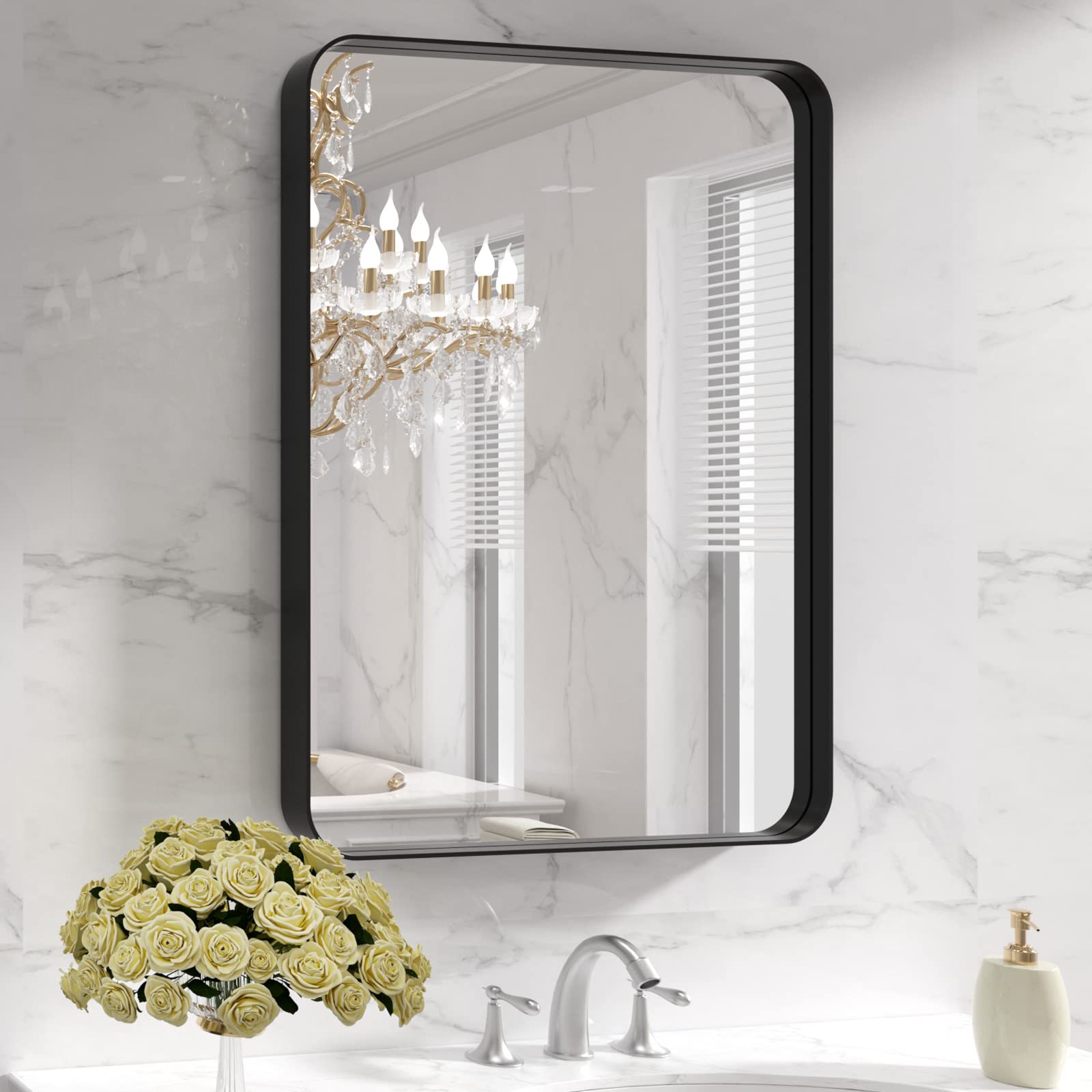 LOAAO 22x30 Inch Black Metal Framed Bathroom Mirror - Rounded Rectangle Wall Mirror with Tempered Glass & Anti-Rust Finish - Matte Black Farmhouse Vanity Mirror for Horizontal or Vertical Hanging - Perfect for Bathrooms, Bedrooms, and Entryway Décor