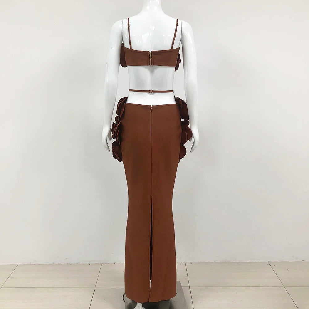 Sexy Brown Floral Bandage Tops for Women - 2 Piece Bodycon Long Dress Set for Nightclub, Party & Photo Shoot | Elegant Evening Wear & Special Occasion Outfit