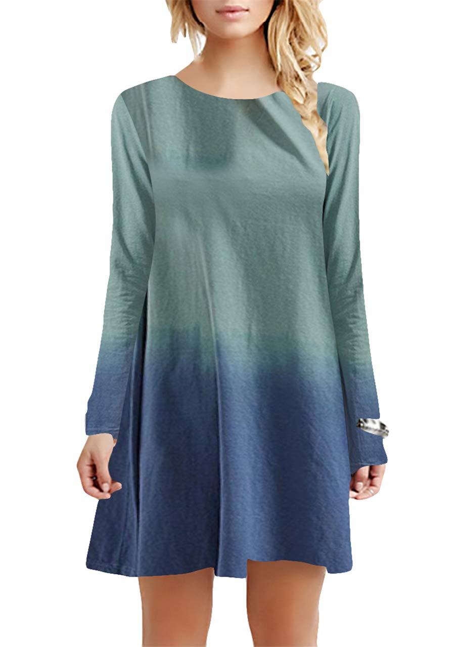 WIWIQS Women's Casual Swing T-Shirt Dress - Long Sleeve Loose Fit Ombre Plus Size Maxi Dress for Everyday Wear, Work & Date Night