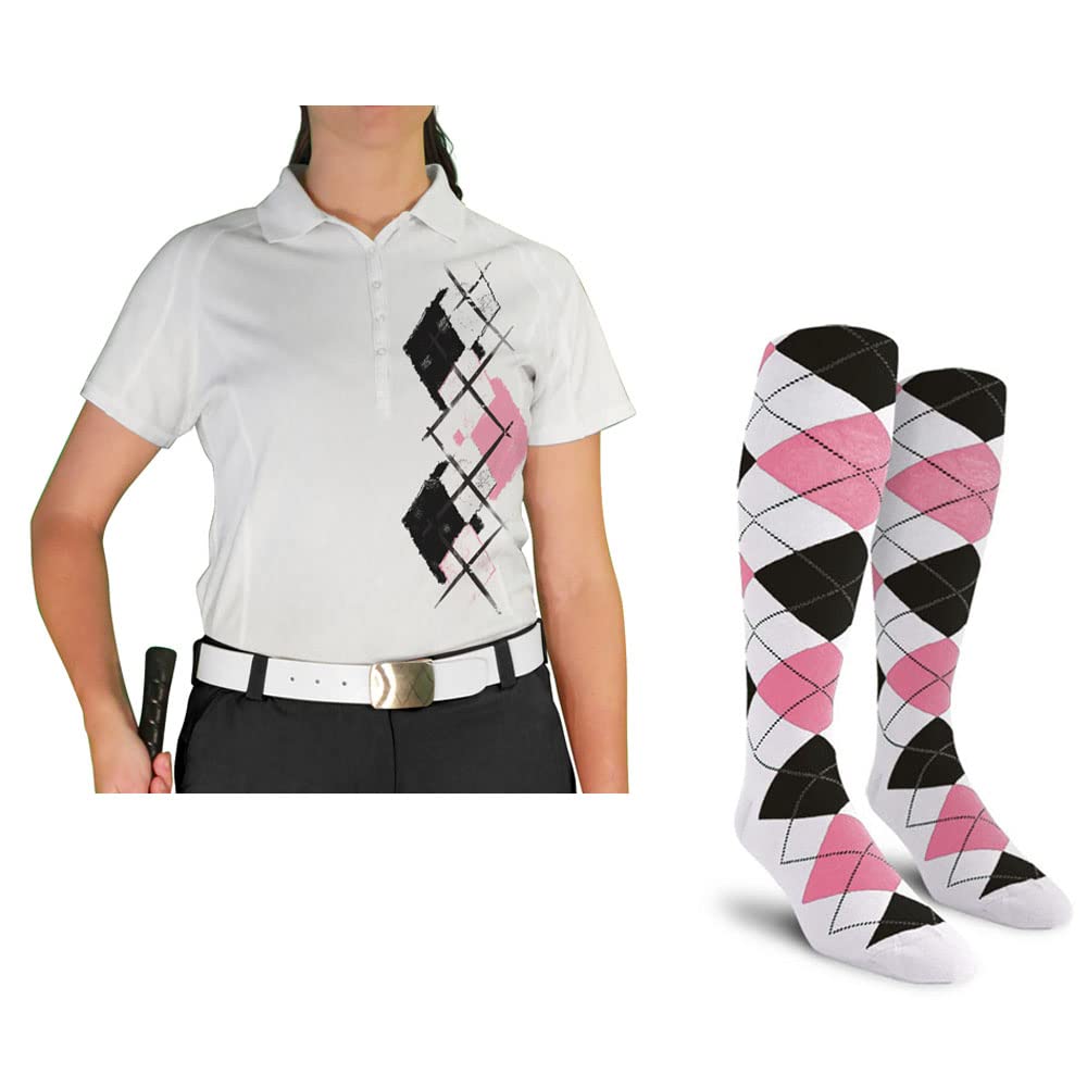 Dry Fit Short Sleeve Graphic Golf Polo Shirt with Socks for Women - Argyle Paradise (Sizes 4A-4Z) | Moisture-Wicking Performance Top for Golf, Tennis & Casual Wear