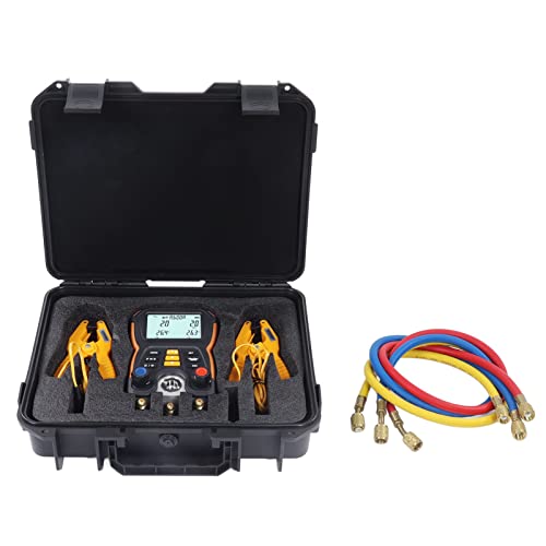 Professional Digital Manifold Gauge Set with Hoses & Thermometer Clamps - HVAC Refrigerant Charging Kit for Car AC & Home Refrigeration Systems - Perfect for Auto Mechanics & HVAC Technicians