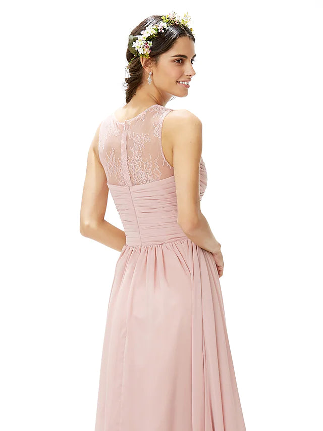 Elegant A-Line Bridesmaid Dress with Jewel Neckline & Sleeveless Design - Floor Length Chiffon Lace Gown with Criss Cross Back & Pleats Detail - Perfect for Weddings, Formal Events & Special Occasions
