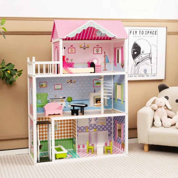 Pink Wooden Dollhouse with Functional Elevator & Rotating Staircase - Perfect for Kids' Pretend Play & Room Decor