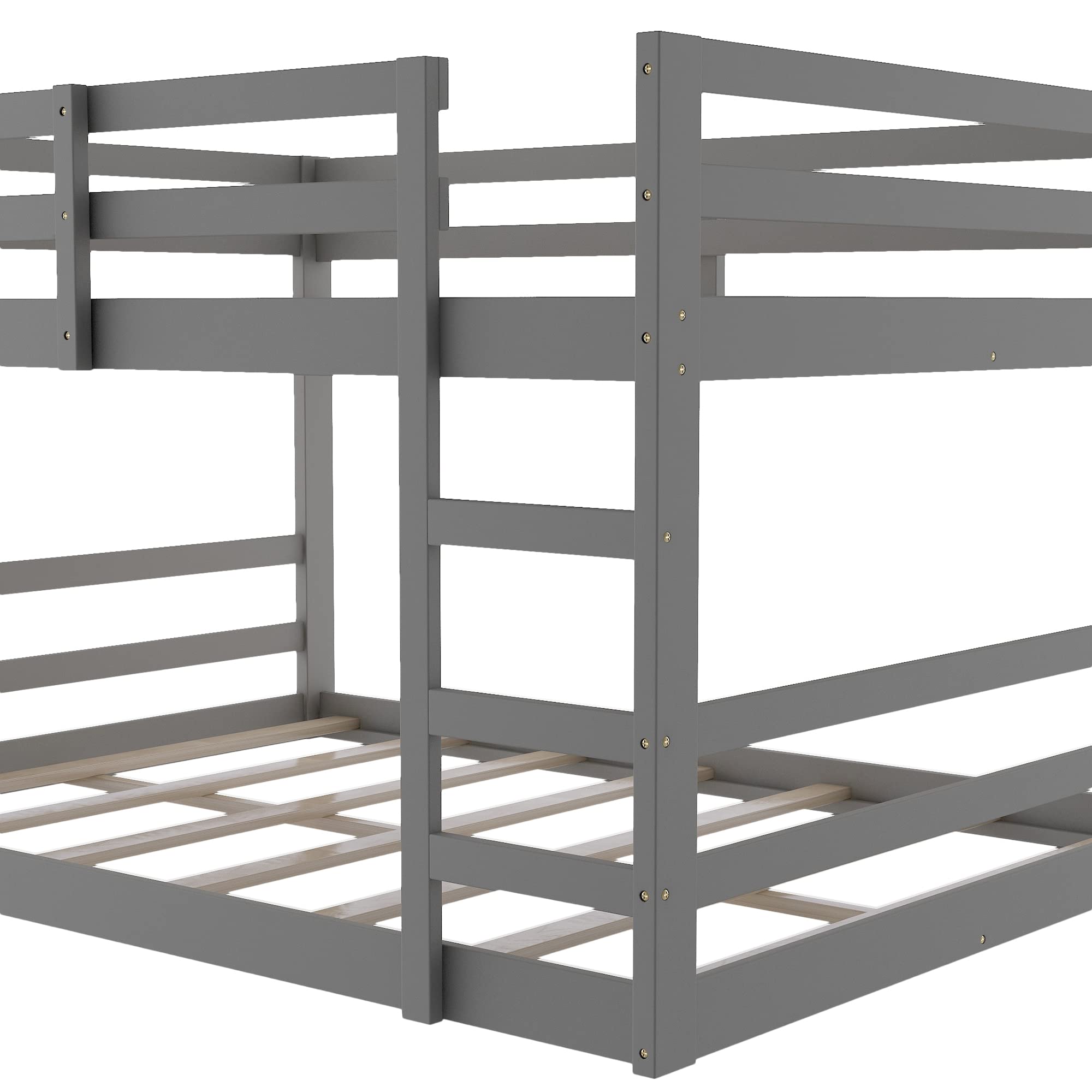 P PURLOVE Twin Over Twin Wooden Low Bunk Bed for Kids & Teens - Sturdy Low Loft Bed with Wood Slats (No Box Spring Needed) - Perfect for Small Bedrooms, Guest Rooms & Kids' Sleepovers