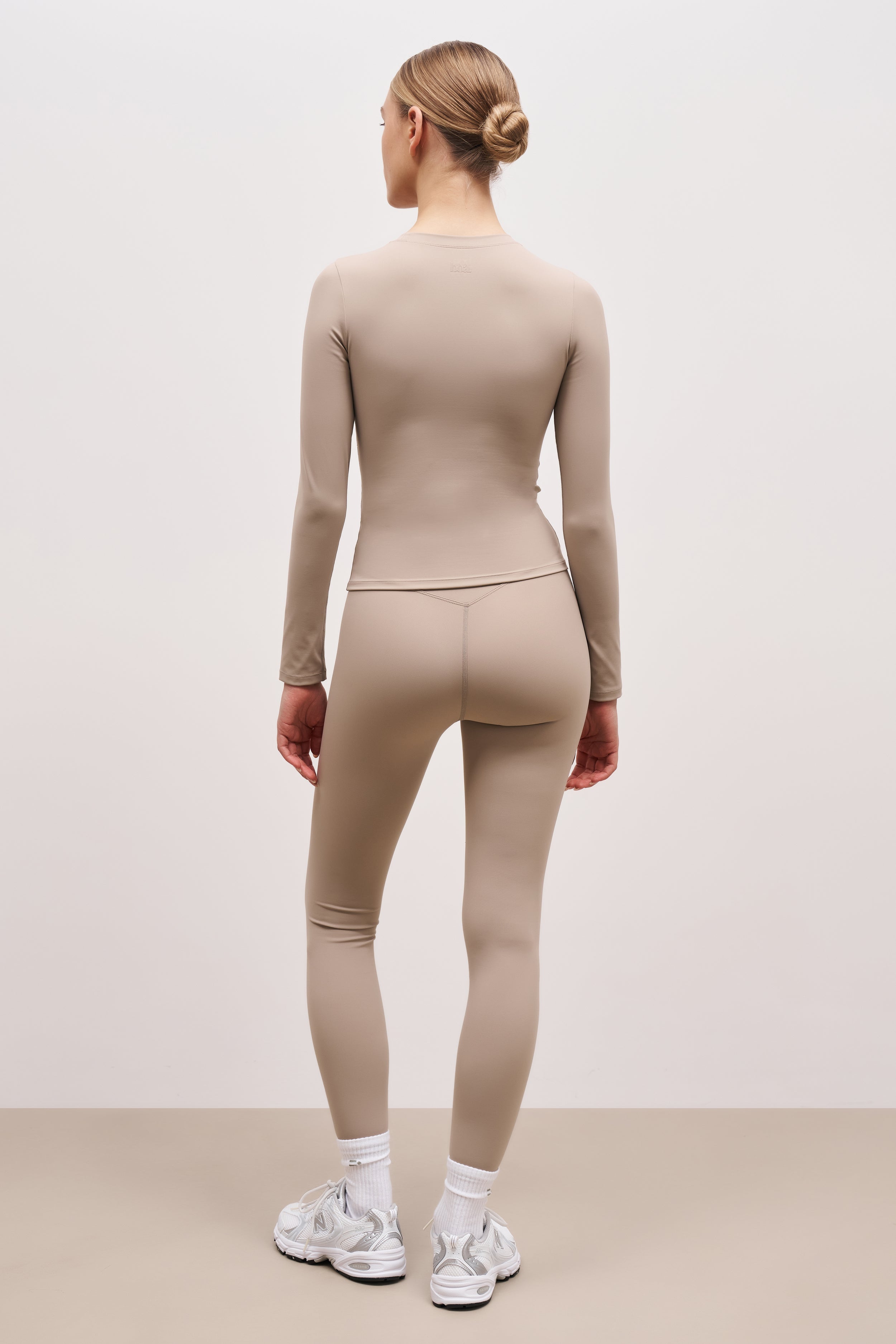 Sculpting Long Sleeve Base Top for Women - Slim Fit Workout Shirt in Taupe | Yoga, Gym & Everyday Wear