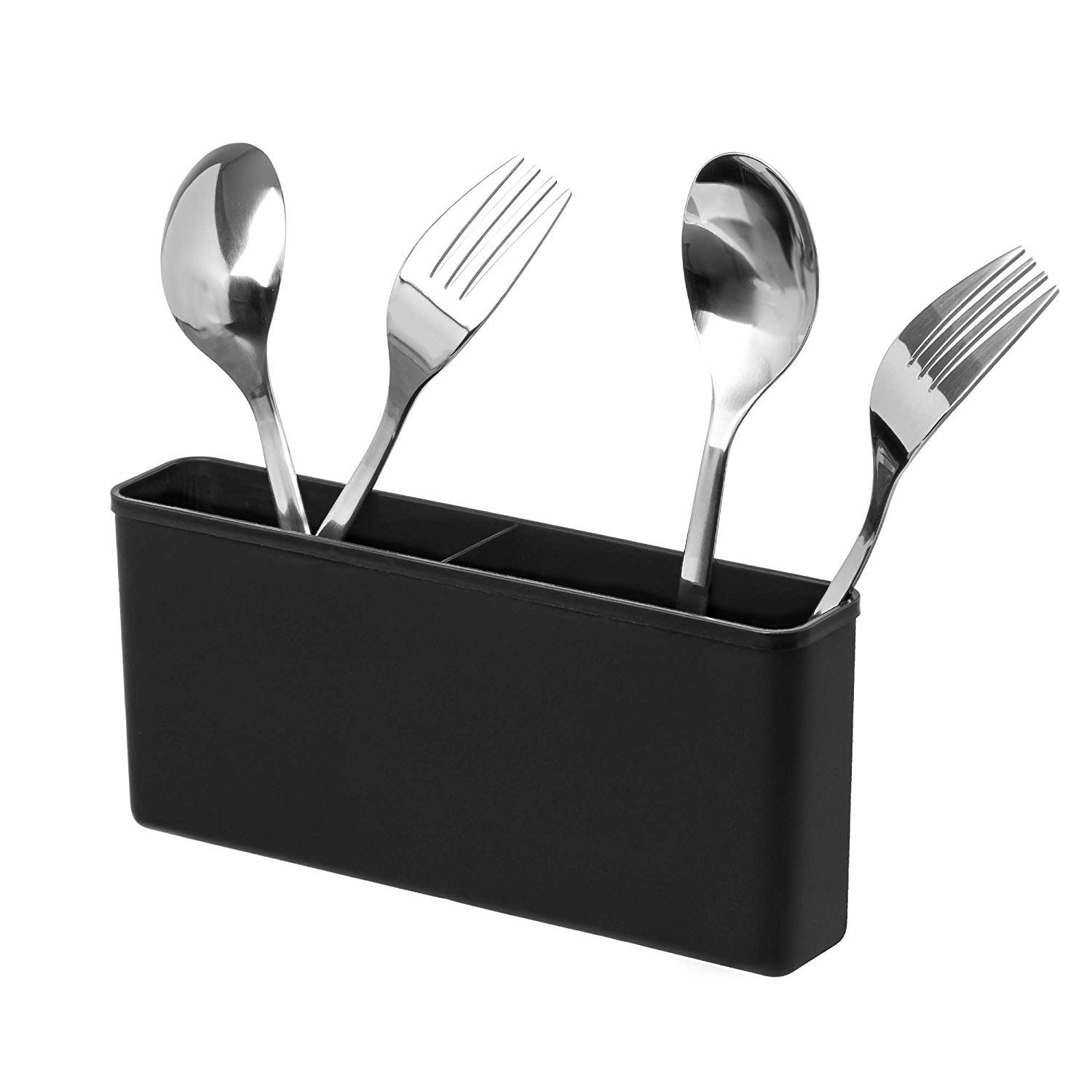 SANNO Plastic Black Utensil Holder - Silverware Storage Caddy for Kitchen Sink Drying Rack | Compatible with Microfiber & Dish Drying Mats | Perfect for Organizing Spoons, Forks & Knives in Your Kitchen