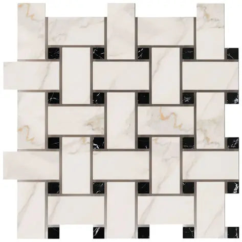 Premium Calacatta Gold Marble Basketweave Mosaic Tile - Large 12x12 Inch Natural Stone Backsplash for Kitchen & Bathroom Renovation