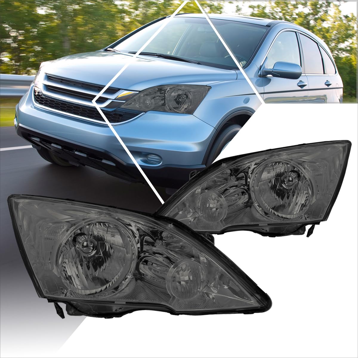 PM PERFORMOTOR Headlight Assembly Compatible with 2007-2011 Honda CRV - Pair of Replacement Headlamps with Smoked Lens & Clear Corner - Perfect for Night Driving & Off-Road Adventures