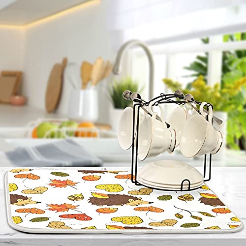 16x18 Inch Autumn-Themed Dish Drying Mat - Fast Absorbent Kitchen Counter Decor with Maple Leaves & Hedgehog Design | Heat-Resistant Tableware Pad, Baby Bottle Rack & Drainer Mat for Fall Kitchen Accessories | Perfect for Holiday Entertaining & Cozy Home Decor