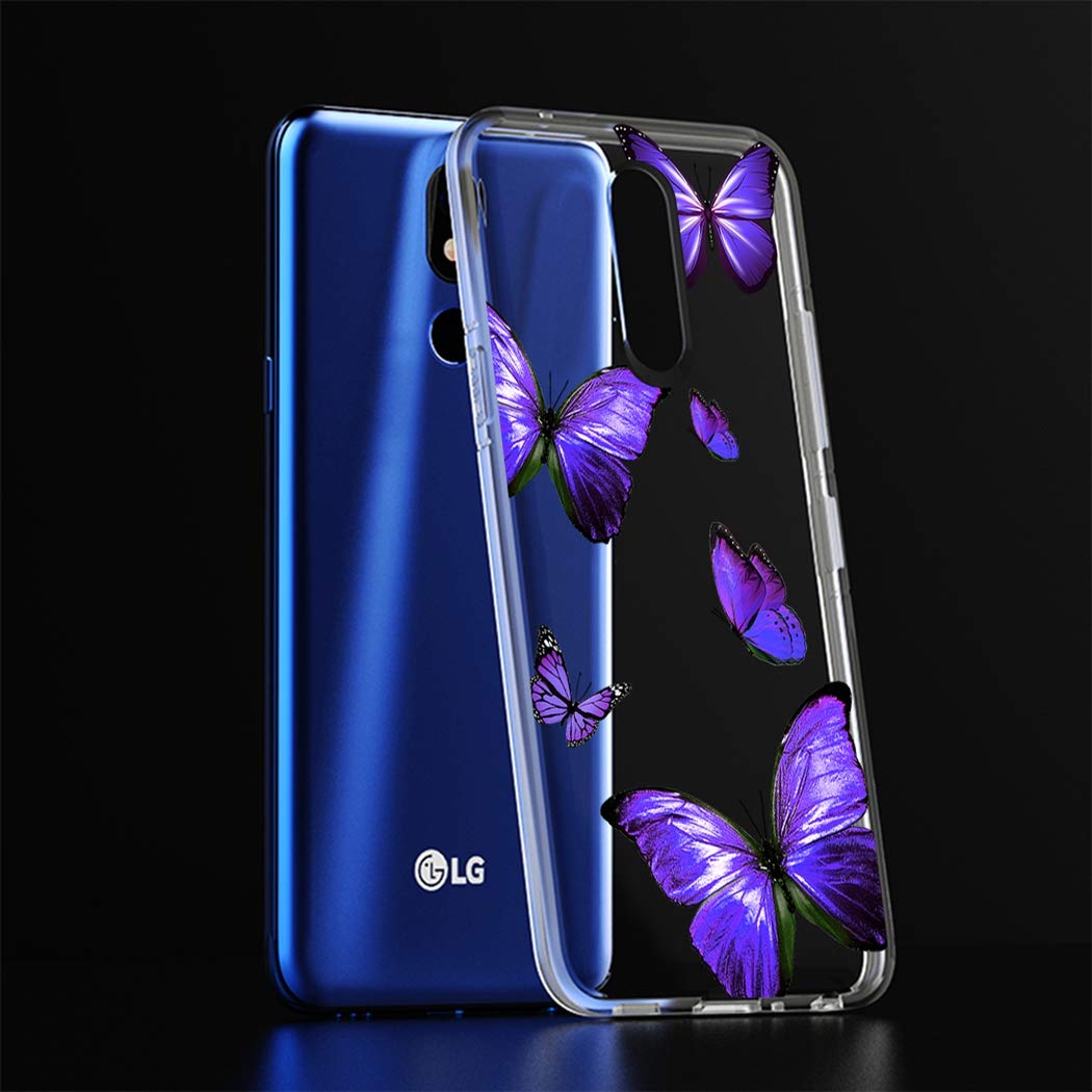 LG K40/K12 Plus/X4 2019/Solo LTE/Harmony 3/Xpression Plus 2 Clear TPU Case - Shockproof Protective Phone Cover with Purple Butterfly Design for Women & Girls | Perfect for Everyday Use, Work & Travel