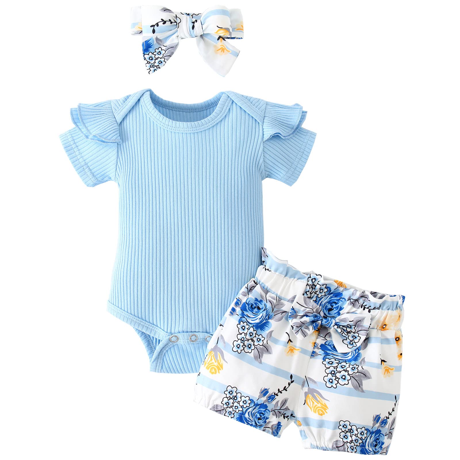 Newborn Baby Girl Clothes | Short Ruffle Sleeve Floral Print Outfits | Summer Short Sets for Infant | Perfect for Playdates, Beach Trips & Photo Shoots