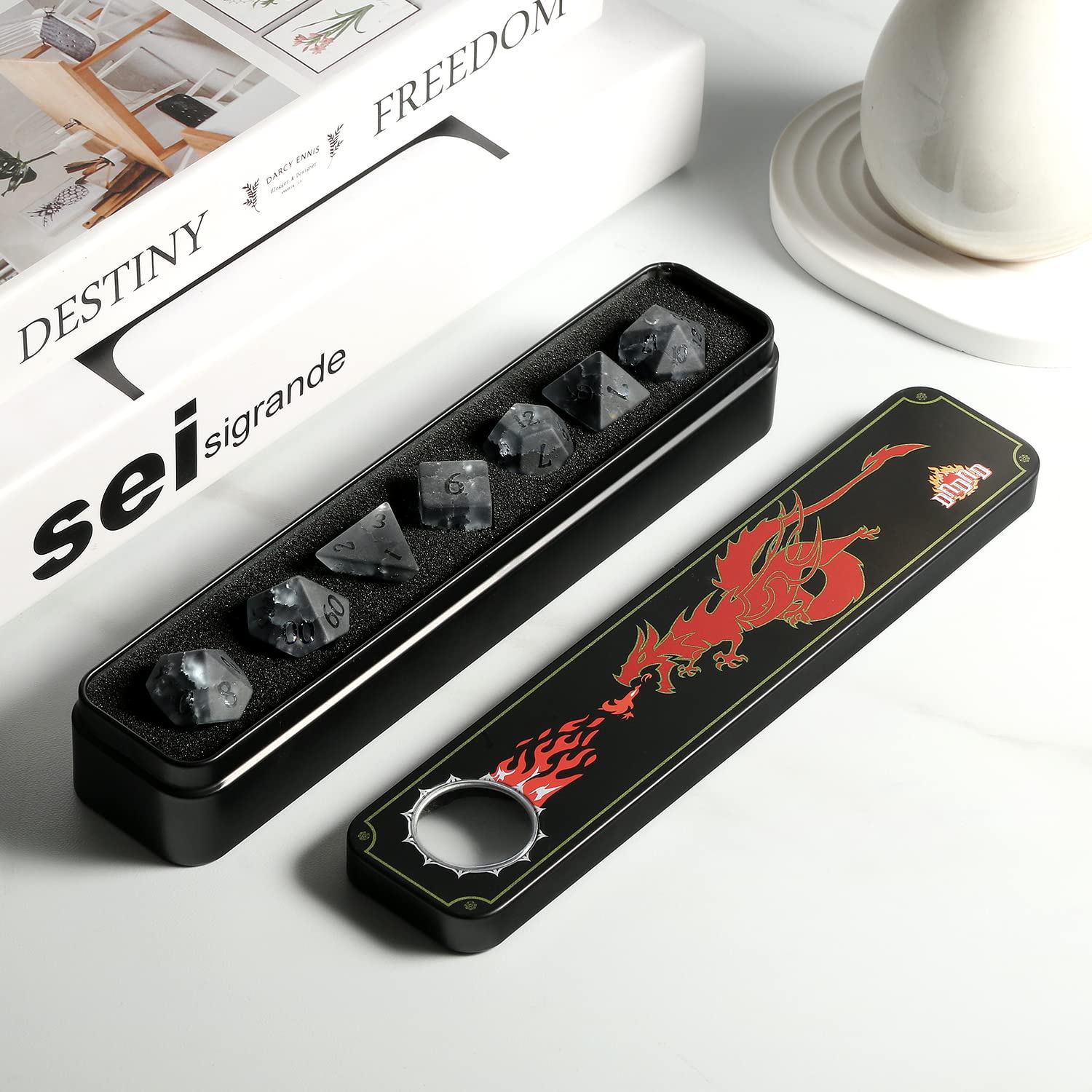 Premium Black Zircon Cracked Glass DND Dice Set - 7-Piece Polyhedral Dice with Raised Numbers for Dungeons & Dragons RPG Tabletop Games | Great Gift for Gamers with Elegant Storage Case | Perfect for D&D Campaigns, Board Game Nights & Roleplaying Adventures